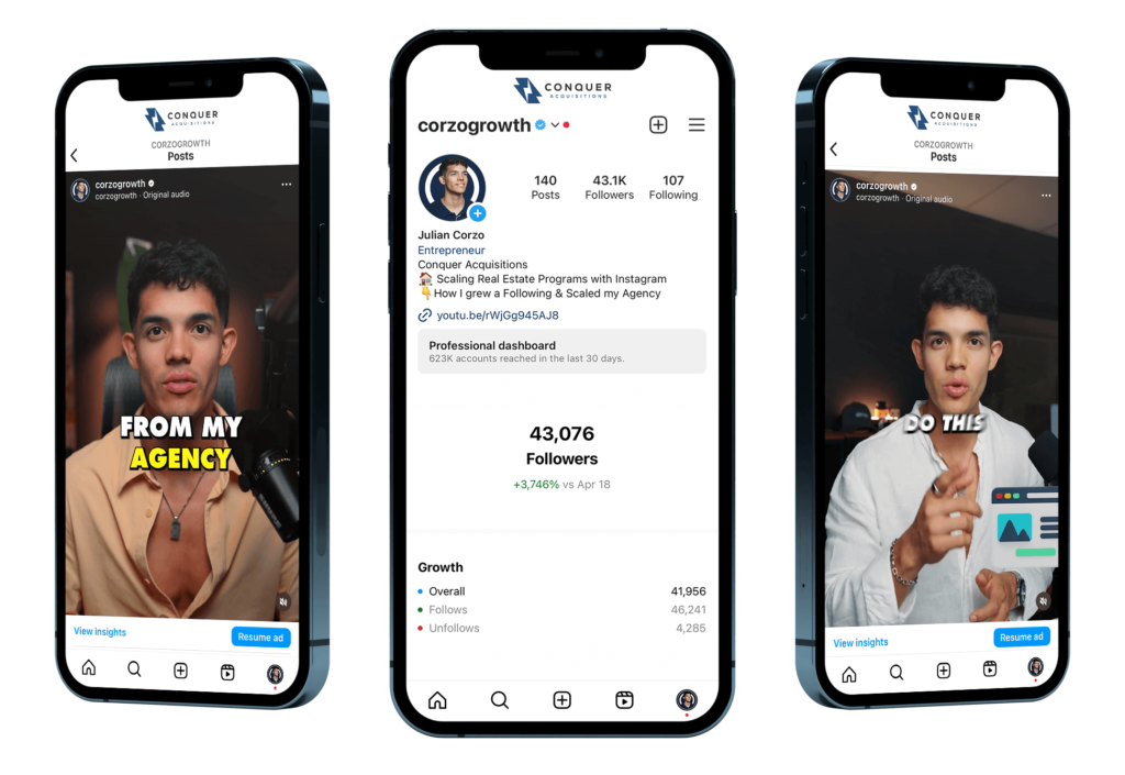 Scale Your Content Agency With Julian Corzo Three smartphones displaying different screens of a social media analytics app from Scale Content Agency, with a focus on a user's growth metrics and profile overview. Conquer Acquisitions