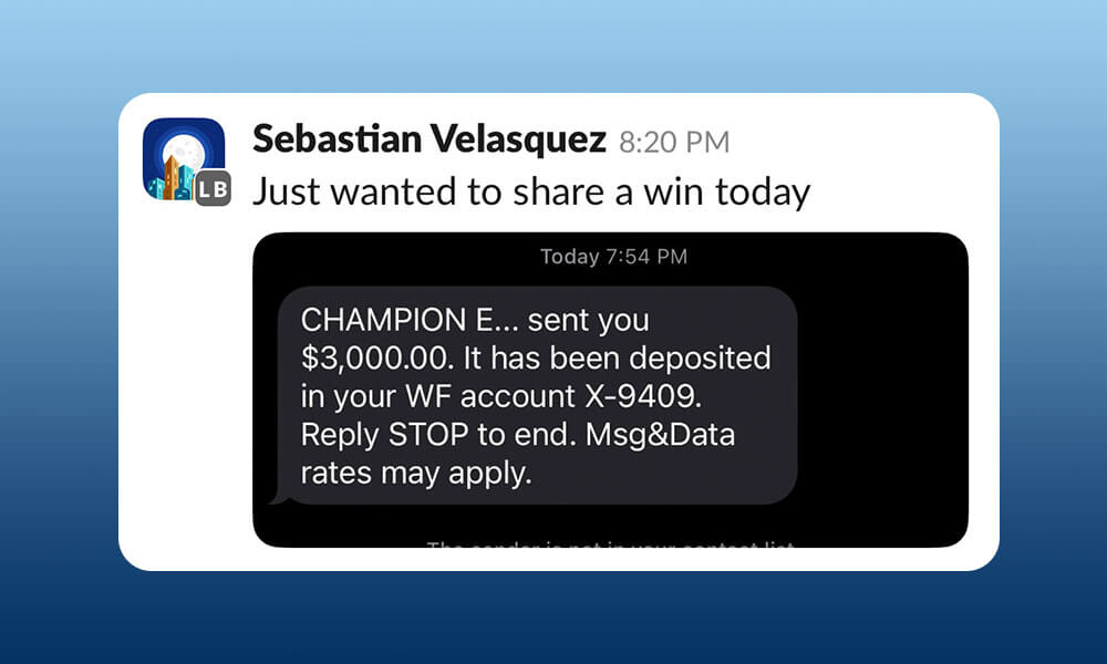 Scale Your Content Agency With Julian Corzo A screenshot of a message from Sebastián Velasquez sharing a financial win notification of $3,000 deposited into an account, celebrating a milestone for Conquer Acquisitions. Conquer Acquisitions