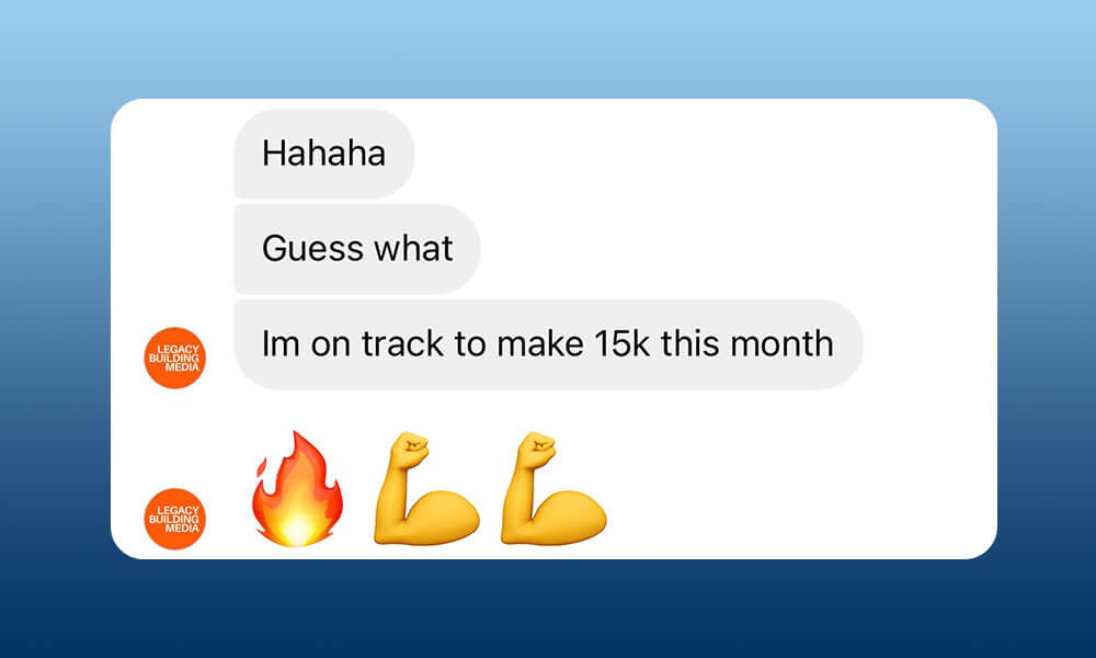 Scale Your Content Agency With Julian Corzo A screenshot of a text conversation where one person shares their excitement about being on track to make 15k that month with their content agency, accompanied by a fire emoji and two flexing b Conquer Acquisitions