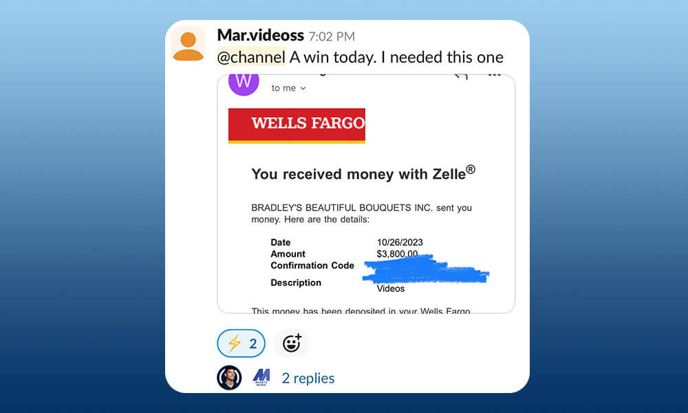 Scale Your Content Agency With Julian Corzo A screenshot of a Discord message showing a Wells Fargo mobile alert for a received Zelle payment from Scale Your Agency. Conquer Acquisitions