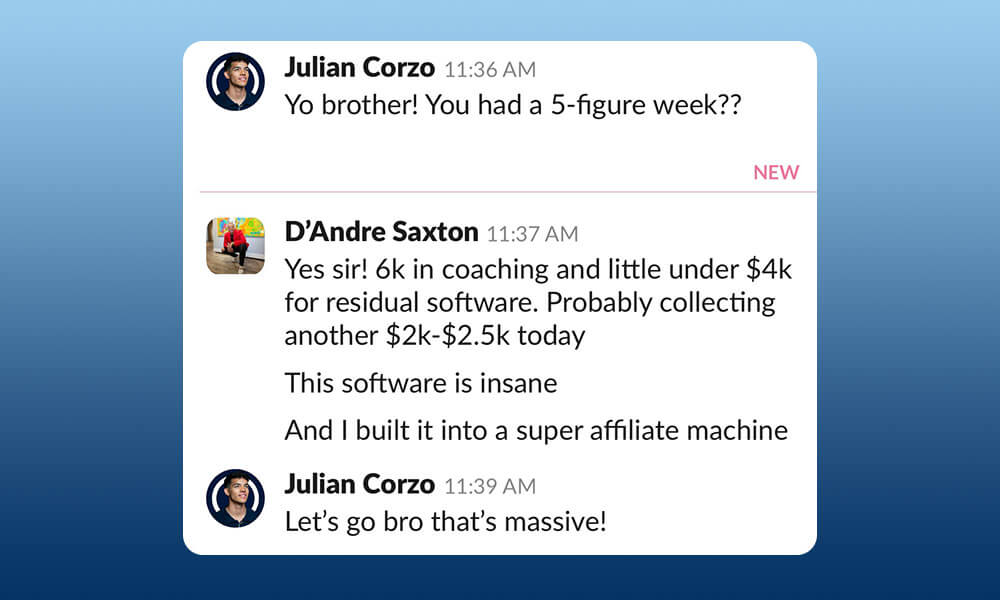 Scale Your Content Agency With Julian Corzo Screenshot of a conversation where someone shares their successful affiliate marketing earnings from Scale Your Agency and receives encouragement from the other person. Conquer Acquisitions