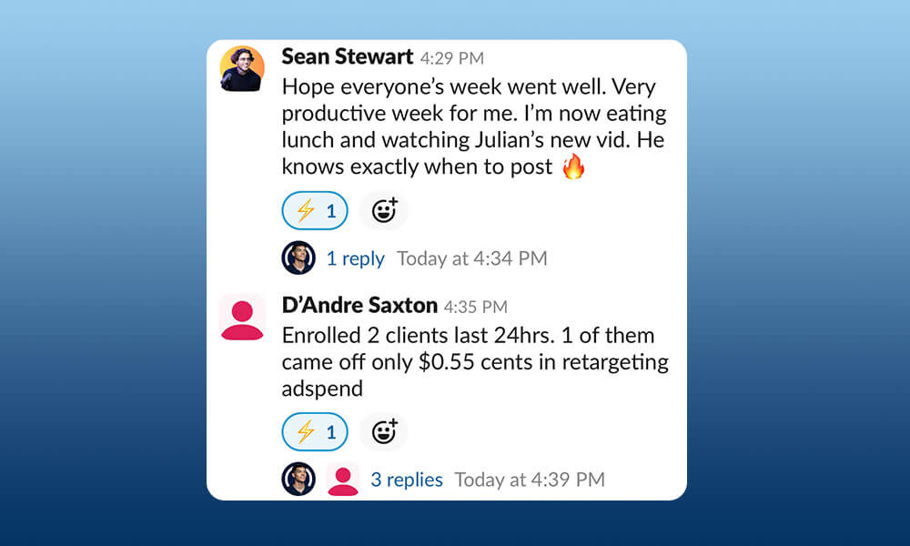 Scale Your Content Agency With Julian Corzo A screenshot of social media interactions where users share personal updates and react with 'fire' and 'crying laughing' emojis, showcasing how to "Conquer Acquisitions" in digital communications. Conquer Acquisitions