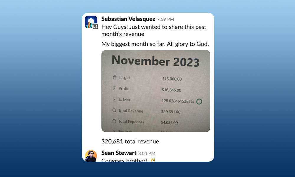 Scale Your Content Agency With Julian Corzo A screenshot of a social media post showing a user celebrating their highest revenue month with a financial summary for November 2023, highlighting their success in scaling their content agency. Conquer Acquisitions