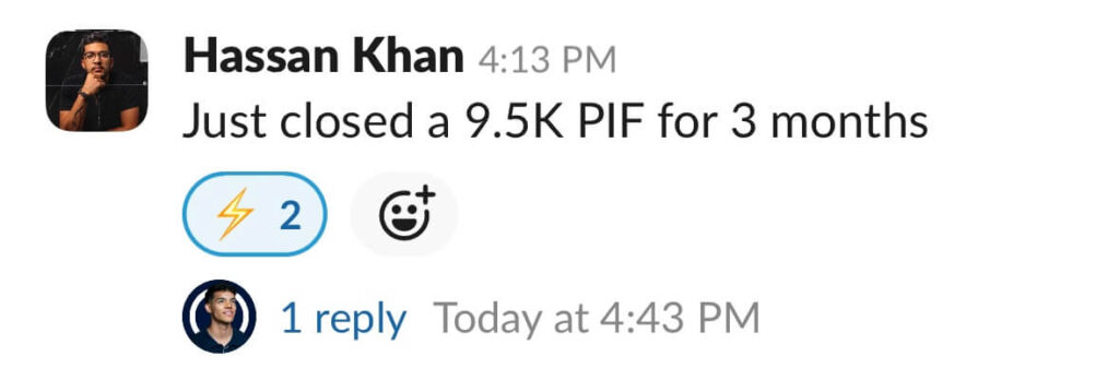 Scale Your Content Agency With Julian Corzo Chat screenshot showing a person named Hassan Khan who announced just closing a 9.5k pif for Scale Content Agency for 3 months, with responses including a lightning bolt and a smiling Conquer Acquisitions