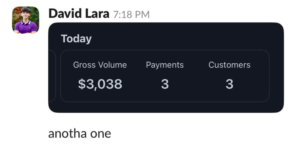 Scale Your Content Agency With Julian Corzo A screenshot of a message from David Lara showcasing Conquer Acquisitions metrics with a total gross volume of $3,038, 3 payments, and 3 customers, captioned with the phrase  Conquer Acquisitions