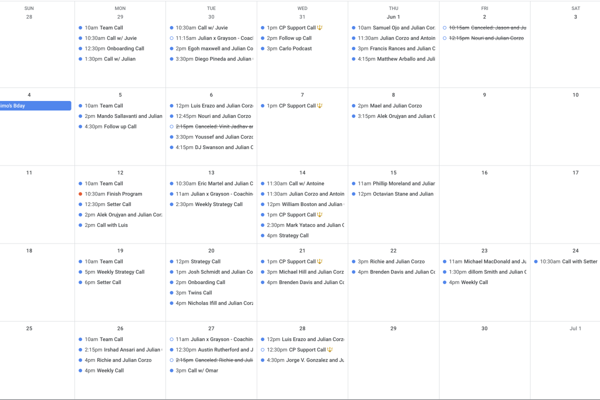 Scale Your Content Agency With Julian Corzo Monthly calendar with scheduled events, appointments, and Scale Content Agency activities. Conquer Acquisitions