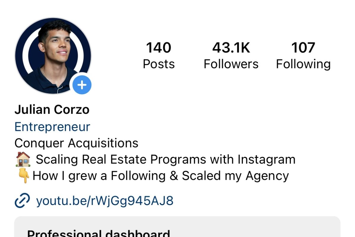 Scale Your Content Agency With Julian Corzo Social media profile of an individual named Julian Cornejo with a focus on scaling real estate businesses through Instagram and a YouTube link provided, showcasing a substantial following and engagement metrics. Specializes in Conquer Conquer Acquisitions